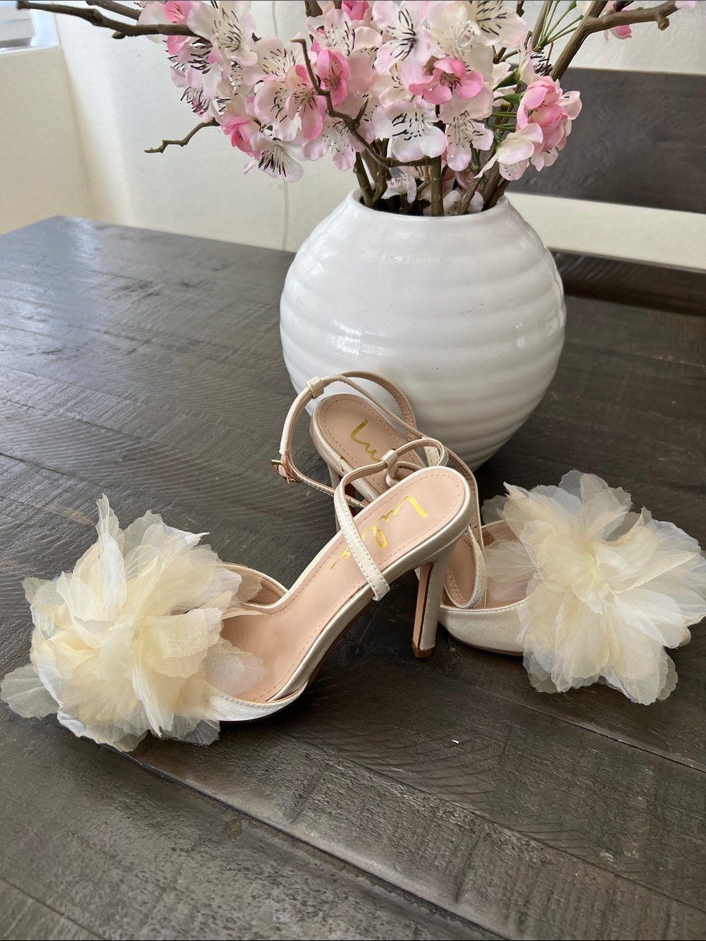 Lulu's Cream Tulle Pom-Pom Ankle Strap Heels